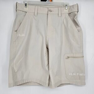Huk Fishing Shorts Mens Medium Tan Cargos Utility Zip Pocket Outdoor Performance